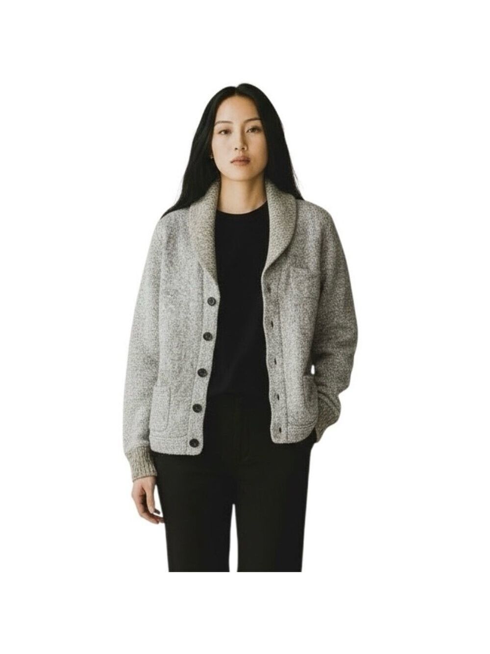 GAP Contrasting Color (Gray & Green) Button Up Cardigan w/ Green Shawl Neckline - Picture 2 of 8